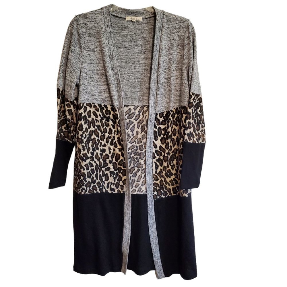 Long Open Front Cardigan with Pockets Black and Grey Animal Print Size‎ Small
